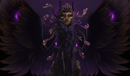 black_body black_fur brown_body brown_feathers brown_fur brown_wings eyes_on_wings feathered_wings feathers female female_feral feral front_view fur humanoid_face looking_at_viewer mouth_closed multi_eye purple_eyes simple_background solo text unusual_anatomy unusual_eye_placement unusual_wings wings santanahoffman demon hybrid 2025 absurd_res artist_name dated hi_res