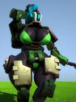 2016 3:4 3d_(artwork) accessory anthroanim bastion_(overwatch) big_breasts big_butt blizzard_entertainment bow_(feature) bow_accessory bow_ribbon bra breasts butt cleavage clothed clothing crossgender cybernetics cyborg day digital_media_(artwork) female grass hair_accessory hair_bow hair_ribbon hi_res huge_breasts huge_butt humanoid looking_at_viewer machine not_furry omnic outside overwatch panties plant pose ribbons robot simple_background sky solo standing thick_thighs underwear weapon wide_hips