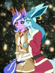 anthro biped blue_body blue_fur blush christmas_outfit clothing costume duo female fur harness holidays hug kissing kissing_cheek male pink_body pink_fur red_nose smile shamziwhite christmas hasbro my_little_pony nintendo pokemon fan_character ripy_(oc) eeveelution generation_4_pokemon glaceon pokemon_(species) 2022 digital_drawing_(artwork) digital_media_(artwork) hi_res