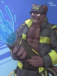 abs anthro belt black_bottomwear black_clothing black_hat black_headwear black_jacket black_nose black_pants black_topwear blue_background bottomwear brown_body brown_fur claws clothing finger_claws firefighter firefighter_uniform fur grey_claws happy hat headgear headwear holding_object hose jacket male muscular muscular_anthro muscular_male open_mouth pants pecs round_ears sharp_teeth simple_background smile snout solo tail teeth topwear uniform water yellow_eyes zipper zipper_down zoharwolf vtuber watagumo canid canine canis mammal wolf 2023 dated hi_res portrait signature three-quarter_portrait