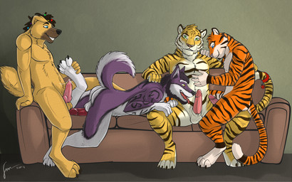 anthro anthro_on_anthro balls black_stripes blue_eyes bodily_fluids cum cum_string front_view fur furniture genital_fluids genitals green_eyes grin group inside male male/male markings nude on_sofa penis penis_backwards pink_penis purple_body purple_fur red_penis side_view smile sofa spread_legs spreading striped_arms striped_legs striped_markings striped_tail stripes tail tail_markings white_balls white_body white_fur yellow_balls yellow_body yellow_eyes yellow_fur hufnaar hufnaar_(character) ulbrek witus canid canine canis domestic_dog felid husky mammal nordic_sled_dog pantherine spitz tiger 16:10 2014 dated hi_res signature widescreen