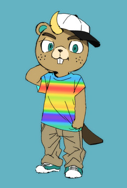anthro blonde_hair blue_eyes bottomwear buckteeth chibi clothing denim denim_bottomwear denim_clothing freckles hair hat headgear headwear jeans male multicolored_clothing pants rainbow_clothing solo standing teeth pasikon animal_crossing nintendo c.j._(animal_crossing) beaver mammal rodent