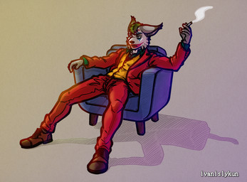 anthro cigarette clothing clown_makeup cosplay crossover_cosplay furniture male on_sofa sitting sitting_on_sofa slouching smoking sofa solo suit ivnislykun echo_(game) echo_(series) echo_project joker_(2019_film) tj_hess canada_lynx felid feline lynx mammal absurd_res crossover hi_res