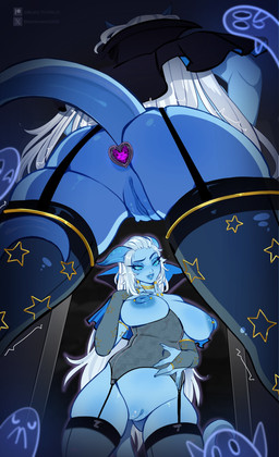 anthro big_breasts blue_body blush body_blush breasts buttplug clothing female genitals hair legwear looking_at_breasts nipple_piercing nipples piercing plug_(sex_toy) sex_toy solo stockings vulva vulva_blush white_hair tutifruti_(artist) blizzard_entertainment warcraft draenei ghost spirit absurd_res hi_res