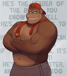 anthro backwards_hat bottomwear brown_body brown_fur clothing crossed_arms fur grin hat headgear headwear jockstrap lyrics male muscular muscular_anthro muscular_male necktie pants pecs simple_background smile solo text translucent translucent_clothing underwear zcdartz donkey_kong_(series) nintendo donkey_kong_(character) ape gorilla haplorhine mammal primate english_text hi_res