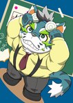 anthro blue_body blue_fur fur humanoid_hands kemono male overweight overweight_anthro overweight_male solo text white_body white_fur prototendon sengoku_puzzle raiden_shin'emon felid mammal pantherine tiger 2021 hi_res japanese_text