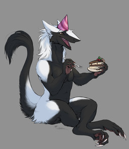 ambiguous_gender anthro black_body black_fur cake cherry clothing cutlery dessert food fork fruit fur hat headgear headwear kitchen_utensils multicolored_body multicolored_fur nude party_hat plant plate raised_tail sitting smile solo tail tools two_tone_body two_tone_fur white_body white_fur flamslade supreme_admiral_cheese_(character) sergal absurd_res digital_media_(artwork) hi_res