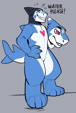 4_fingers anthro biped blue_body blush bodily_fluids clothing costume fingers furry_wearing_fursuit fursuit hand_on_hip male smile solo standing sweat sweatdrop white_body squidinu aquatic fish shark hi_res