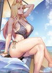 beach bent_legs big_breasts blonde_hair breasts clothing crossed_legs female hair leg_over_thigh seaside solo swimwear gonster league_of_legends riot_games tencent ahri_(lol) animal_humanoid humanoid hi_res