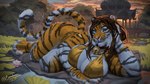 anthro bell bell_collar big_breasts bra breasts clothing collar ear_piercing ear_ring female lily_pad piercing plant ring_piercing sculpture solo statue striped_body stripes tail underwear ewademar hervy felid mammal pantherine tiger 16:9 4k absurd_res hi_res tagme widescreen