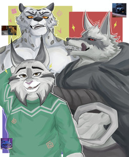 anthro black_cloak black_clothing cloak clothed clothing fangs fur green_clothing green_sweater green_topwear grey_body grey_fur group looking_at_viewer male orange_eyes red_eyes sickle smile sweater teeth topless topwear trio hauruu disney dreamworks kung_fu_panda puss_in_boots_(franchise) zootopia death_(puss_in_boots) pawbert_lynxley tai_lung_(kung_fu_panda) canid canine canis felid feline lynx mammal pantherine snow_leopard wolf 2025 absurd_res crossover digital_media_(artwork) hi_res