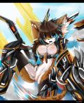 anthro armor black_bars blue_eyes breasts brown_body brown_fur brown_hair female fur genitals hair nipples pussy solo unconvincing_armor white_body white_fur fenrixion felid leopard mammal pantherine hi_res letterbox