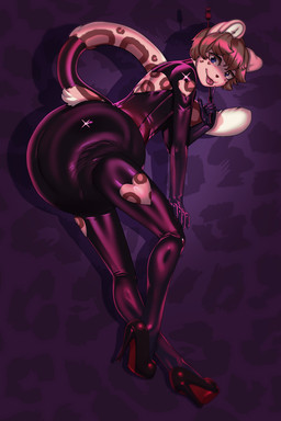 anthro big_diaper black_clothing black_diaper black_footwear black_high_heels blep blue_eyes clothing diaper footwear high_heels latex_diaper looking_at_viewer male riding_crop shoes tongue tongue_out whip arh sadey_(sadey_mayfire) felid mammal pantherine snow_leopard hi_res