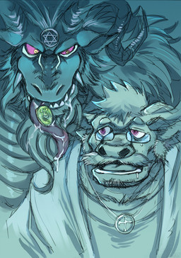anthro bodily_fluids coin drooling duo facial_hair goatee gold_(metal) hexagram horizontal_pupils horn kemono long_tongue male male/male occult_symbol priest pupils red_sclera saliva seal_of_solomon silver_(metal) symbol temptation tongue kas20241013 bovid bovine caprine caprine_demon cattle demon goat_demon mammal absurd_res hi_res
