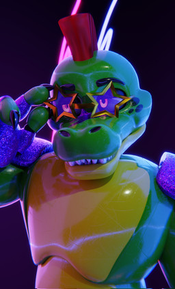 4_fingers anthro black_claws blurred_background claws clothing eyewear fingerless_gloves fingers glasses glistening glistening_body gloves glowing glowing_eyes green_body hair handwear machine male markings mohawk neon_lights orange_eyes purple_clothing purple_fingerless_gloves purple_gloves purple_handwear red_hair sharp_teeth solo spots spotted_body star_glasses teeth wearing_glasses vincead jizzyfox_(modeler) five_nights_at_freddy's five_nights_at_freddy's:_security_breach scottgames steel_wool_studios montgomery_gator animatronic crocodile crocodilian reptile robot robot_anthro scalie 3d_(artwork) digital_media_(artwork) headshot_portrait hi_res portrait