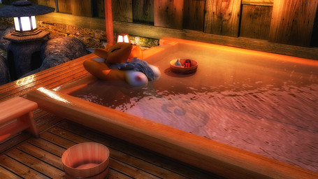 anthro bath bathhouse breasts eyes_closed female hands_behind_head lamp lantern leaning leaning_backward nipples nude partially_submerged solo water xrayzebra4 bandai_namco coca-cola digimon canid digimon_(species) mammal renamon 16:9 2020 3d_(artwork) digital_media_(artwork) hi_res widescreen