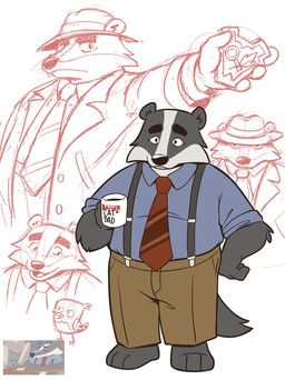 accessory anthro bottomwear clothing container cup male mature_male mug necktie overweight overweight_male pants shirt solo standing suspenders topwear heyitscousindave beastly_crimes beastly_crimes_(2024) chief_badger badger mammal mustelid musteline 2026 hi_res