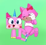 anthro blush bow_ribbon clothing dildo dildo_insertion duo embarrassed female feral fur gloves handwear pink_body pink_fur sex_toy sex_toy_insertion toony young yosa8800 cartoon_network lego the_lego_movie toontown_corporate_clash toontown_online pancake_(toontown) unikitty domestic_cat felid feline felis mammal absurd_res hi_res