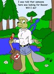 anthro belt black_nose bottomwear breasts buckteeth canadian_flag clothed clothing dialogue female forest fur green_eyes hockey_stick plant shorts solo teeth text toony tree water yellow_body yellow_fur kthanid_(artist) rutwell_forest amanda_beaver beaver mammal rodent 1998 english_text