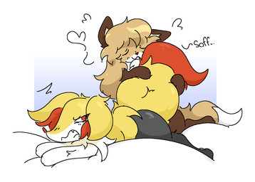 3_fingers :3 ambiguous_anthro ambiguous_gender annoyed anthro arm_tuft big_tail biped black_body black_fur blush blush_lines brown_body brown_fur brown_nose butt cheek_tuft closed_smile cute_fangs dipstick_tail duo emanata eyes_closed facial_tuft fangs fingers front_view fur gradient_background heart_symbol inner_ear_fluff kneeling looking_back lying markings mouth_closed multicolored_body multicolored_fur narrowed_eyes nude_ambiguous nude_anthro on_front open_mouth orange_body orange_eyes orange_fur orange_inner_ear_fluff orange_nose orange_tail_tip pawpads pink_pawpads quadruped shoulder_tuft side_view simple_background smile tail tail_hug tail_markings tan_body tan_fur tan_tail teeth tongue tuft two_tone_tail white_body white_fur white_tail_tip yellow_body yellow_fur yellow_tail conditional_dnp guzzlord420 nintendo pokemon averi_(fiddleafox) braixen canid generation_6_pokemon mammal pokemon_(species) 2024 aliasing binary_drawing cel_shading colored digital_drawing_(artwork) digital_media_(artwork) english_description shaded