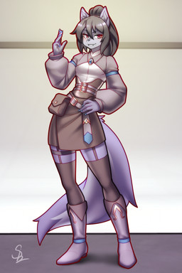 anthro black_hair clothed clothing fangs femboy hair looking_at_viewer male red_eyes solo standing teeth nariikhan hi_res