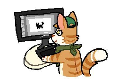clothing computer_desk computer_monitor drawing_tablet fur hat headgear headwear kerchief markings neckerchief neckwear orange_body orange_fur simple_background striped_body striped_fur striped_markings stripes white_background yellow_eyes paddedpurr domestic_cat felid feline felis mammal hi_res
