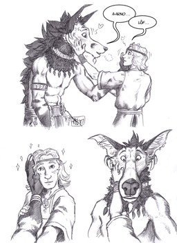 anthro biped blush bodily_fluids claws clothed clothing dialogue duo ear_piercing finger_claws first_person_view hair hand_on_face heart_symbol human_on_anthro interspecies larger_anthro larger_male male male/male male_anthro male_human male_on_anthro male_on_human mane piercing romantic size_difference smaller_human smaller_male smile smiling_at_another speech_bubble sweat topless topless_anthro topless_male 0laffson arno_(0laffson) lof_(0laffson) canid canine human mammal maned_wolf 2026 comic hi_res traditional_media_(artwork)