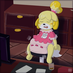 accessory anthro beverage big_diaper button_(fastener) chair clothing computer diaper electronics female floppy_ears fluffy fluffy_tail frilly frilly_clothing fur furniture hair_accessory hair_tie note onesie paper_clip poof prank sleeping solo tail text white_body white_fur yellow_body yellow_fur bougie animal_crossing nintendo isabelle_(animal_crossing) canid canine canis domestic_dog mammal shih_tzu toy_dog 1:1 hi_res