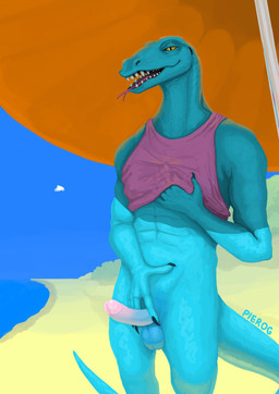 anthro balls beach blue_body blue_eyes bottomless bottomless_male clothed clothing erection eye_contact forked_tongue front_view genitals glans grin looking_at_another male partially_clothed penis pupils realistic sharp_teeth shirt slit_pupils smile solo standing tail tank_top teeth tongue topwear yellow_eyes pierog lizard reptile scalie 2026 absurd_res hi_res