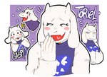 anthro blush bodily_fluids claws clothing cute_fangs exclamation_point eyelashes female finger_claws fur horn laugh long_ears onomatopoeia purple_background purple_clothing purple_robe robe simple_background solo sound_effects sweat text white_body white_fur dustyboney undertale_(series) toriel boss_monster_(undertale) bovid caprine goat mammal 2024 character_name english_text multiple_images