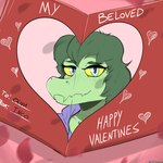 anthro eyelashes female freckles green_body green_hair green_scales grey_eyes hair heart_symbol holidays looking_at_viewer pink_background scales short_hair simple_background smile snout solo text valentine's_day_card yellow_sclera nicklusious cavemanon_studios i_wani_hug_that_gator valentine's_day olivia_halford baryonyx dinosaur prehistoric_species reptile scalie spinosaurid theropod 1:1 2024 absurd_res artist_name digital_drawing_(artwork) digital_media_(artwork) english_text hi_res signature