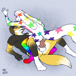 afro anal anal_penetration animal_genitalia animal_penis anthro balls canine_genitalia canine_penis clothed clothing cowgirl_position duo erection eyewear footwear from_front_position genitals glasses knot legwear lgbt_pride male male/male male_on_bottom male_on_top male_penetrated male_penetrating male_penetrating_male multicolored_clothing multicolored_footwear multicolored_legwear multicolored_socks multicolored_stockings on_bottom on_top partially_clothed pattern_clothing pattern_footwear pattern_legwear pattern_socks pattern_stockings penetration penis pride_colors rainbow_clothing rainbow_footwear rainbow_legwear rainbow_pride_colors rainbow_socks rainbow_stockings sex socks sparklefur star stockings straddling striped_clothing striped_footwear striped_legwear striped_socks striped_stockings stripes thigh_highs mosa kardas_fox lagomorph leporid mammal rabbit 1:1 colorful_theme