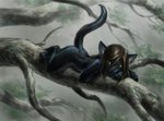 anthro black_body black_fur blonde_hair brown_hair female fur hair hand_under_chin leaf lying nude on_front plant solo tree 12-tf felid feline mammal