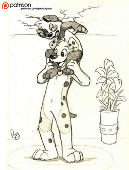 anthro carrying_another duo featureless_crotch glistening glistening_nose head_tuft leg_markings logo male markings nude on_shoulder on_shoulders one_eye_closed open_mouth open_smile patreon_logo plant plant_pot potted_plant size_difference smile socks_(marking) spots spotted_ears spotted_legs standing text tuft young young_anthro young_male pandapaco patreon parinton bear canid canine canis domestic_dog giant_panda mammal artist_logo signature spot_color url