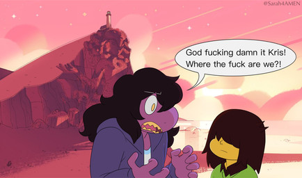 5_fingers anthro clothed clothing dialogue duo female fingers humor male obscured_eyes parody profanity screencap screencap_background speech_bubble style_emulation text yellow_eyes sarah4amen cartoon_network deltarune kris_where_are_we steven_universe undertale_(series) kris_dreemurr susie_(deltarune) dinosaur human mammal prehistoric_species reptile scalie 2021 absurd_res english_text hi_res meme signature