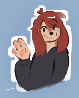 anthro bangs black_clothing black_hoodie black_topwear blue_background blush brown_hair clothed clothing freckles gesture hair hoodie long_hair looking_at_viewer pawpads simple_background smile solo topwear waving waving_at_viewer borealhao tansy_(tansydrawsnsfw) canid canine canis domestic_dog mammal 4:5 absurd_res bust_portrait flat_colors half-length_portrait hi_res portrait signature