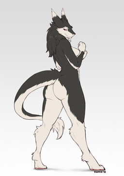 anthro bedroom_eyes big_butt biped black_body black_fur breasts butt claws digitigrade female female_anthro fur looking_at_viewer monotone_background multicolored_body multicolored_fur narrowed_eyes pawpads paws pink_pawpads red_eyes seductive simple_background solo toe_claws two_tone_body two_tone_fur white_background white_body white_fur foxovh sergal 2025 better_version_at_paywall digital_media_(artwork) full-length_portrait hi_res portrait