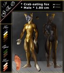 5_fingers 5_toes abs anthro barefoot biceps butt claws countershade_feet countershade_torso countershading dark_body dark_fur feet fingers foot_focus forearms fur hair highlights_(coloring) humanoid_feet male multicolored_body multicolored_fur muscular muscular_anthro muscular_male nails nipples nude paws pecs pink_soles plantigrade pose quads rear_view simple_background soles solo text toe_claws toes white_body white_fur yellow_body yellow_fur mroleoso geo_(mroleoso) canid canine crab-eating_fox fox mammal absurd_res digital_media_(artwork) english_text hi_res model_sheet