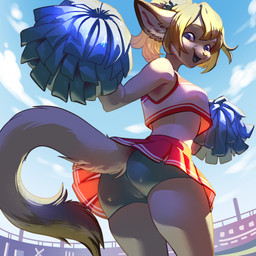 anthro bangs blonde_hair blue_eyes bottomwear camel_toe cheerleader cheerleader_outfit cheerleading_pose clothing crop_top day female hair happy hotpants looking_back low-angle_view medium_hair minishorts open_mouth open_smile outside ponytail rear_view shirt shorts sky small_waist smile solo tail thick_thighs topwear sunnypony domestic_cat felid feline felis mammal 1:1 2024 colored digital_drawing_(artwork) digital_media_(artwork) hi_res shaded