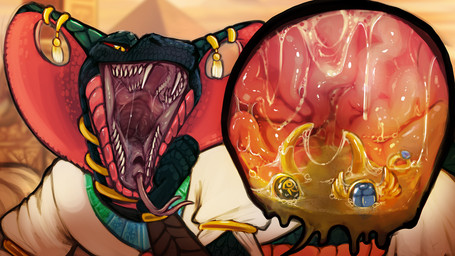 ambiguous_gender anthro blue_body blue_scales bodily_fluids clothed clothing fangs forked_tongue green_body green_scales internal looking_at_viewer mouth_shot narrowed_eyes object_vore open_mouth organs outside pupils saliva saliva_string scales slit_pupils solo stomach teeth tongue tongue_out topwear vore white_clothing white_topwear yellow_eyes acidic reptile scalie snake 16:9 hi_res widescreen