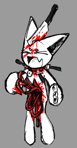 :d ambiguous_gender anthro blade blood blood_on_face bodily_fluids collar disembowelment gore grey_background guts holding_guts knife machete melee_weapon organs simple_background smile solo stab standing weapon white_body vedacia femtanyl token_(femtanyl) domestic_cat felid feline felis mammal colored colored_sketch digital_media_(artwork) sketch