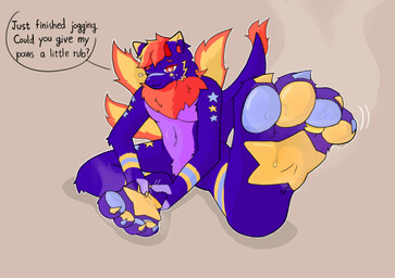 4_toes anthro bodily_fluids digit_ring feet foot_fetish foot_focus fur jewelry male paws ring smelly smelly_feet steam sweat text toe_ring toes lyeponstan mythology dragon mythological_creature mythological_scalie scalie absurd_res english_text hi_res