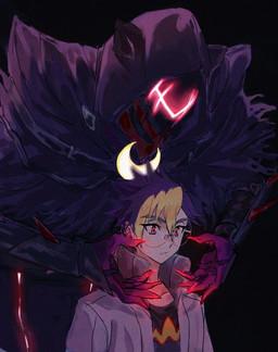 anthro black_clothing claws cloak clothing corruption duo eyewear finger_claws glasses glowing glowing_eyes hair male multicolored_hair red_eyes visor st14_kr010 bandai_namco digimon digimon_beatbreak tomoro_tenma atratusmon digimon_(species) human mammal
