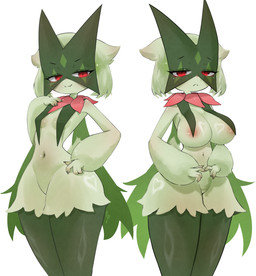 anthro areola big_breasts breast_curtains breast_size_difference breasts duo female fur green_body green_fur heart_symbol mask red_eyes simple_background small_breasts smug moccimew nintendo pokemon generation_9_pokemon meowscarada pokemon_(species) absurd_res hi_res