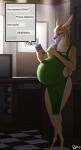 anthro apron apron_only belly big_belly breasts clothed clothing dialogue drinking ear_piercing electronics female mostly_nude phone piercing pregnant pregnant_anthro pregnant_female solo standing text patch_(artist) deer mammal english_text hi_res