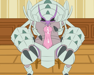 antennae_(anatomy) biped bodily_fluids chair claws erection furniture genital_fluids genitals gesturing_at_viewer male on_chair penis precum sitting sitting_on_chair solo unusual_anatomy unusual_genitalia unusual_penis unknown_artist nintendo pokemon arthropod generation_7_pokemon golisopod pokemon_(species) 5:4