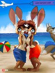 3_toes absurd_res akanbe anthro arm_tuft barefoot beach blue_eyes breasts canid canine canis carys_(nebula1701) cerys_(nebula1701) chest_tuft claws clothed clothing dipstick_tail duo_focus ear_piercing ear_ring elbow_tuft eyelid_pull eyelid_pull_taunt facial_piercing fan_character feet female female/female flat_chested fur green_eyes group hand_behind_back hand_on_hip hi_res incest_(lore) industrial_piercing lagomorph leporid link6432 looking_at_viewer low-riding male_swimwear_challenge mammal markings navel navel_piercing nipples nose_piercing nose_ring one_eye_closed paws piercing rabbit ring_piercing scut_tail seaside septum_piercing septum_ring short_tail sibling_(lore) sister_(lore) sisters_(lore) spots spotted_body spotted_fur swimming_trunks swimwear tail tail_markings teasing toes tongue tongue_out topless tuft twins_(lore) v-cut wink wolf