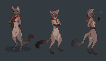 accessory anthro barely_visible_genitalia black_tail_tip breasts clothing dipstick_tail female fur genitals gloves_(marking) grey_body grey_fur jacket leg_markings looking_at_viewer markings mostly_nude necktie necktie_only nude simple_background small_breasts smoking socks_(marking) solo tail tail_markings topwear yellow_eyes garbagegarage domestic_cat felid feline felis mammal hi_res