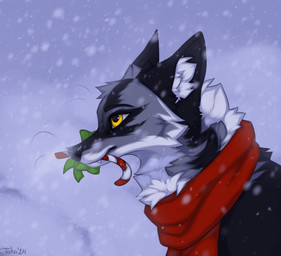 ambiguous_feral ambiguous_gender black_body black_fur blizzard_(weather) bow_ribbon candy candy_cane candy_in_mouth day dessert digitigrade facial_markings fangs feral food food_in_mouth fur green_ribbon grey_body grey_fur head_markings iris looking_forward markings mouth_closed outside pointy_ears prick_ears pupils quadruped red_scarf scarf side_view snow snowing solo teeth text whiskers white_body white_fur yellow_eyes taka_(artist) crow_(vivxian) canid canine canis mammal wolf 2024 artist_name digital_drawing_(artwork) digital_media_(artwork) headshot_portrait portrait signature