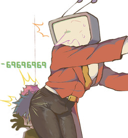 ambiguous_gender antennae_(anatomy) belt bodily_fluids bottomwear clothed clothing duo electronics for_a_head fully_clothed male not_furry pants pointy_nose screen screen_face sweat television mamaito deltarune undertale_(series) kris_dreemurr tenna_(deltarune) darkner human humanoid mammal object_head screen_head tv_head